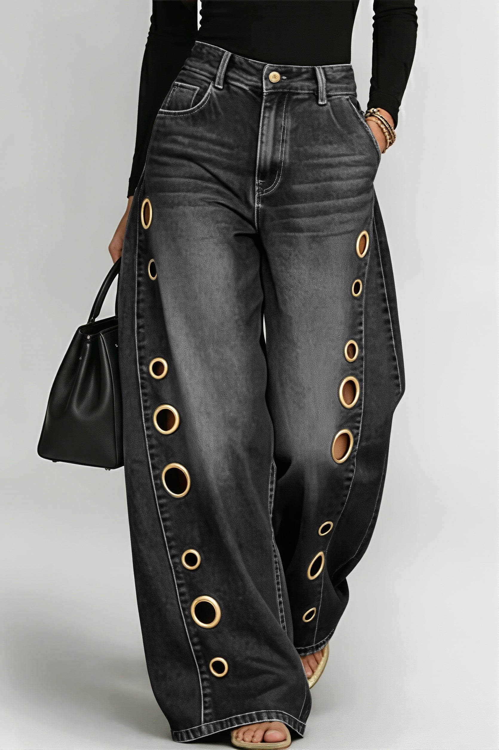 High Waist Eyelet Loose Wide Leg Jeans