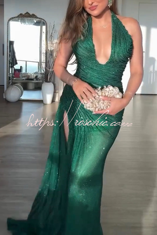 Edeita Sequin Pleated Design Deep Halter U-neck Slit Drape Gown Maxi Dress
