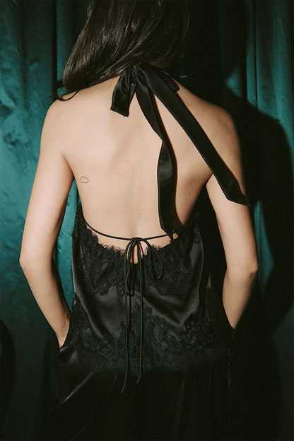 Elegant Morning Satin Lace Trim Halter Tie-up Tank and Elastic Waist Loose Pants Set