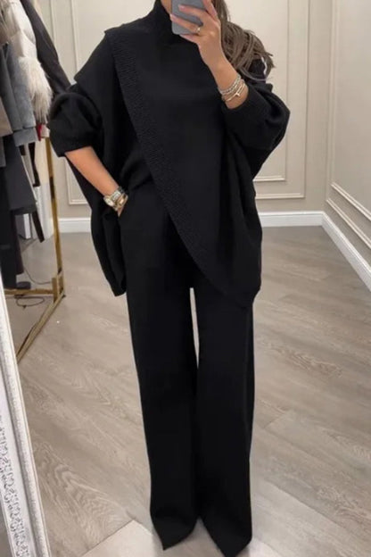 Solid Color Loose-fitting Turtleneck Knit Top and Elastic Waist Casual Pocket Straight Leg Pants