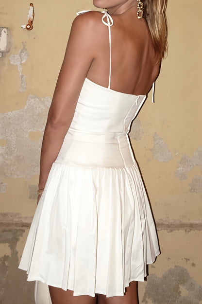 Casual White Tie Pleated Mini Dress