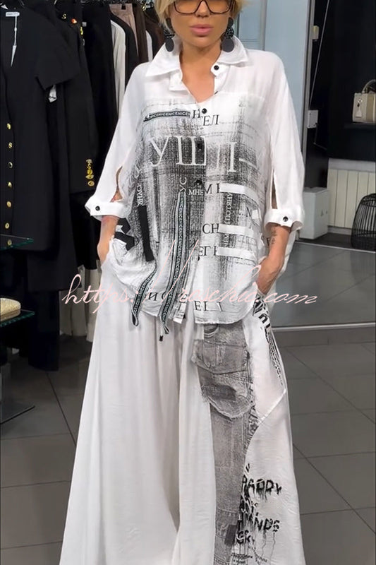 Street Style Graffiti Print Button Half Sleeve Blouse and Elastic Waist Pocket Wide Leg Pants Set