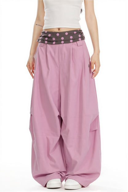Splice Polka Dot Fold Waist Pants