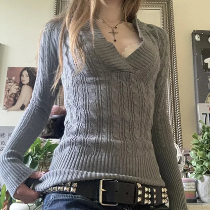 Cable Knitted Slim Fit Hooded Sweater Long Sleeve V Neck Women