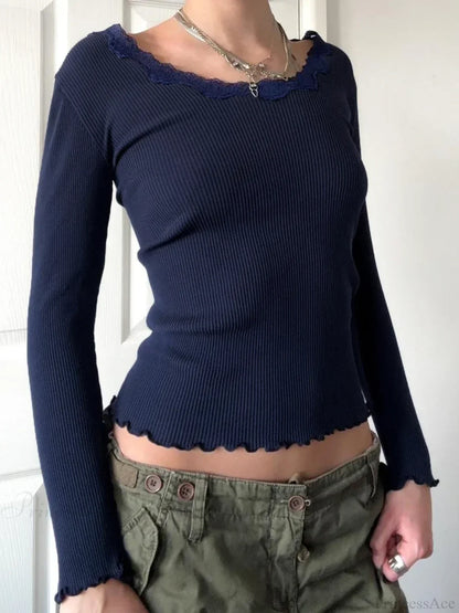 Casual Basic Lace Trim Slim Patchwork O-Neck Knit Top