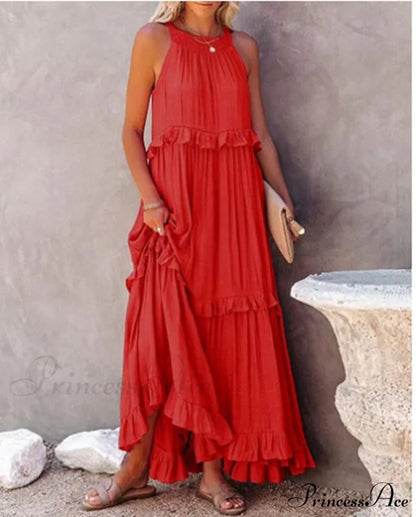Casual Elegant Ruffle Halter Sleeveless Classic Female Party Outfits Beach Maxi Dress
