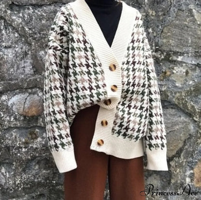 Casual Knitted Cardigan Oversize Button Front Contrast Stripe Cardigan