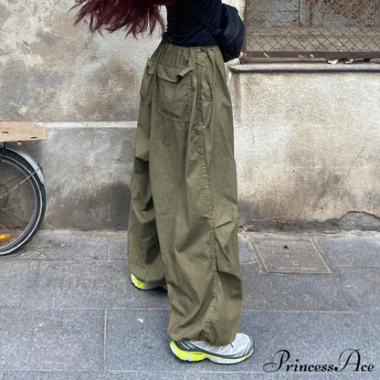 Casual Low Waist Ruched Trim Classic Baggy Cargo Pants - Brown