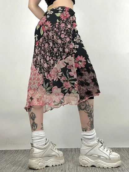 Casual Patchwork Floral Straight Slim Mid-Waisted Maxi Skirt Streetwear