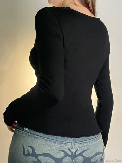 Casual Patchwork Lace Slim V-Neck Long Sleeve Knit Top
