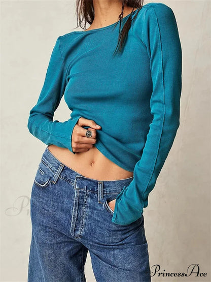 Casual Ribbed Long Sleeve Solid Slim Fit Backless T-Shirts