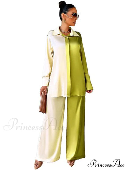 Casual - Set Elegant Women's Long and with Outfit Wide Solid Two Piece Arm Blouse Leg Loose Satin Pants