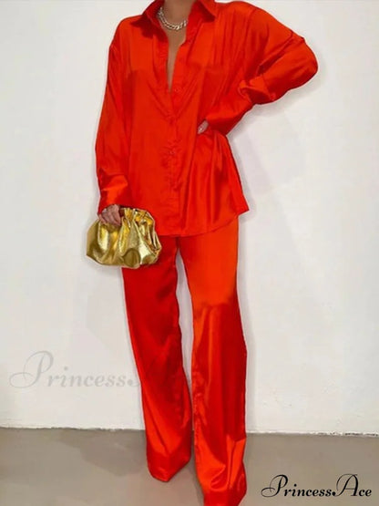 Casual - Set Elegant Women's Long and with Outfit Wide Solid Two Piece Arm Blouse Leg Loose Satin Pants
