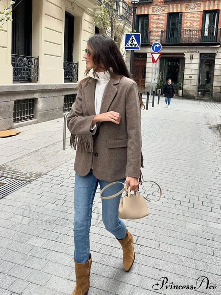 Casual Tassels Patchwork Long Sleeves Lapel Single Breasted Buckle Slim Stylish Coat