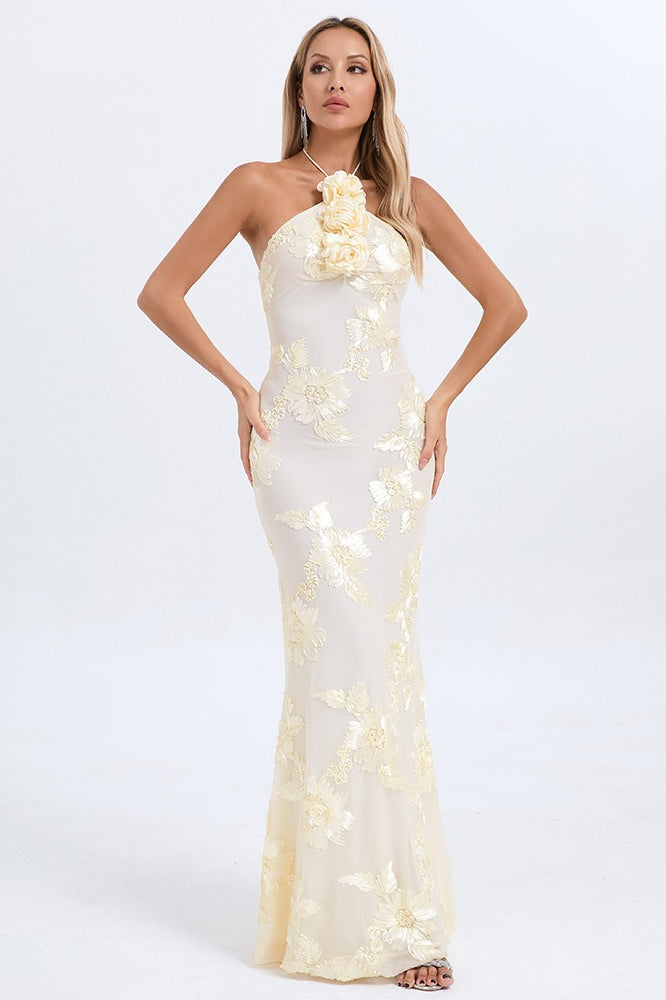 Halter Floral Foil Print Maxi Dress
