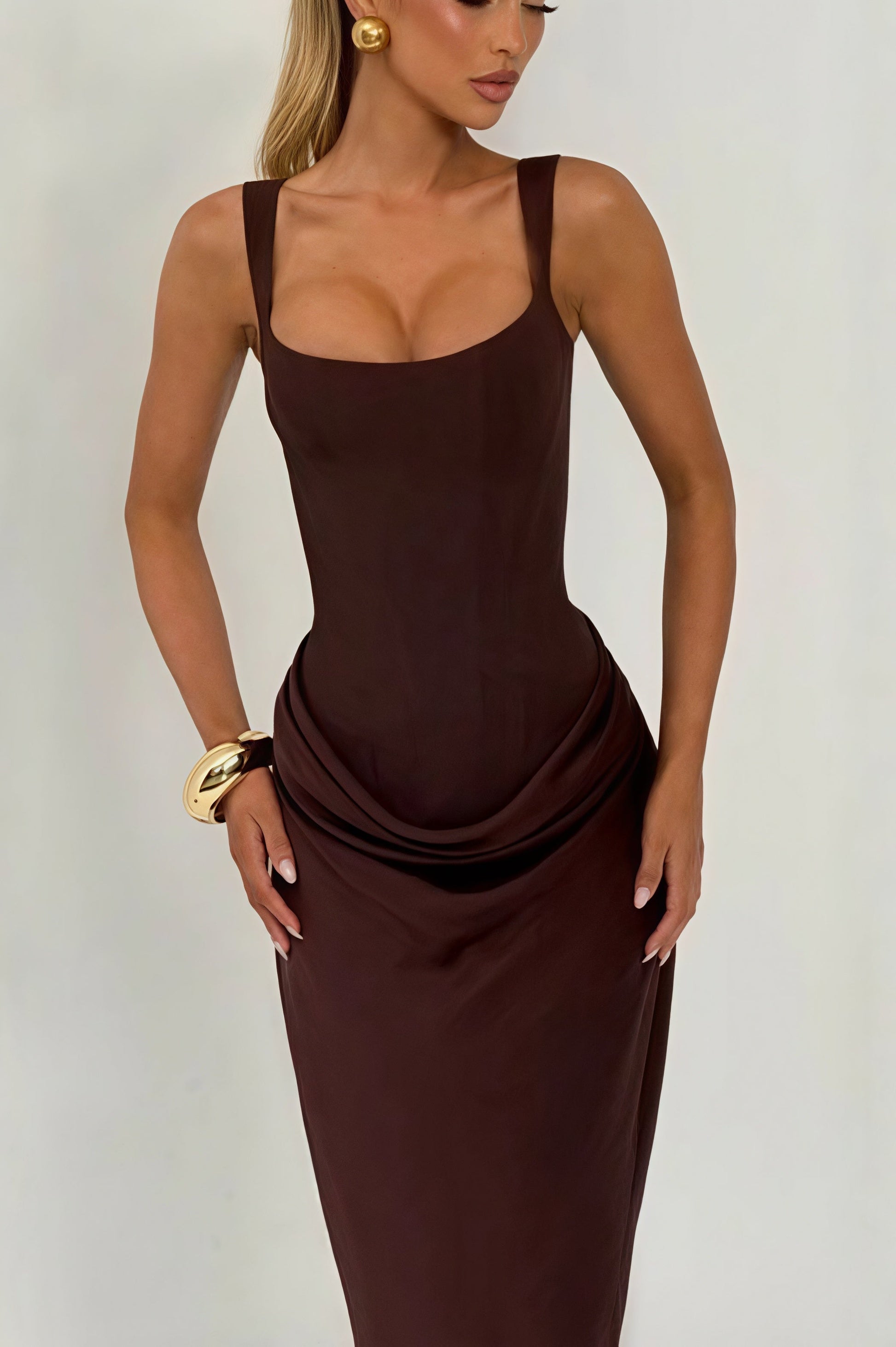 Sexy Ruched Spaghetti Strap Boned Waist Cinching Bodycon Maxi Dress