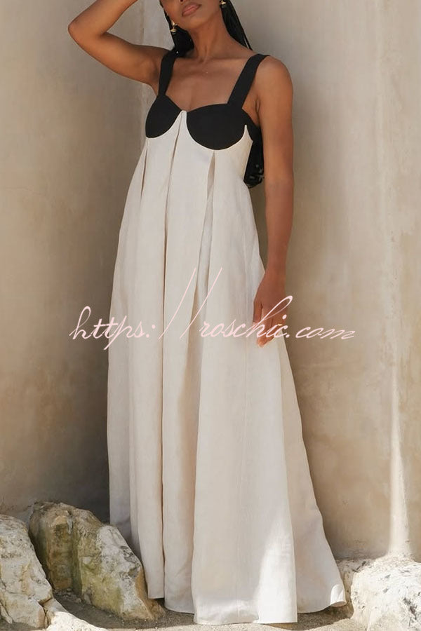 Jordina Linen Blend Colorblock Cups Backless Tie-up Loose Maxi Dress