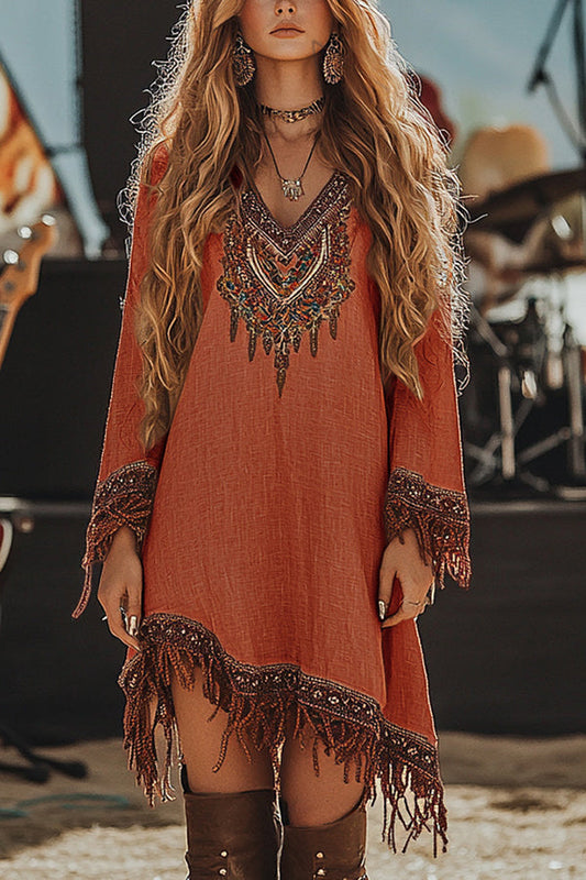 Unique Printed V-Neck Long Sleeve Fringe Loose Mini Dress