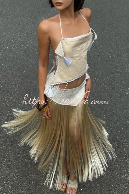 Stylish Halter Neck Lace Up Tassel Pendant Backless Top
