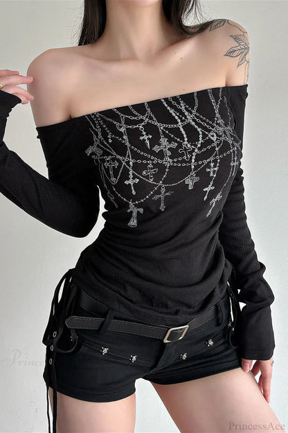 Chain Print Off-Shoulder Long Sleeve Tee