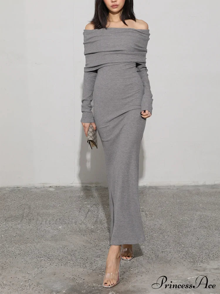 Charcoal Off Shoulder Overfold Modern Long Sleeve Long Dress