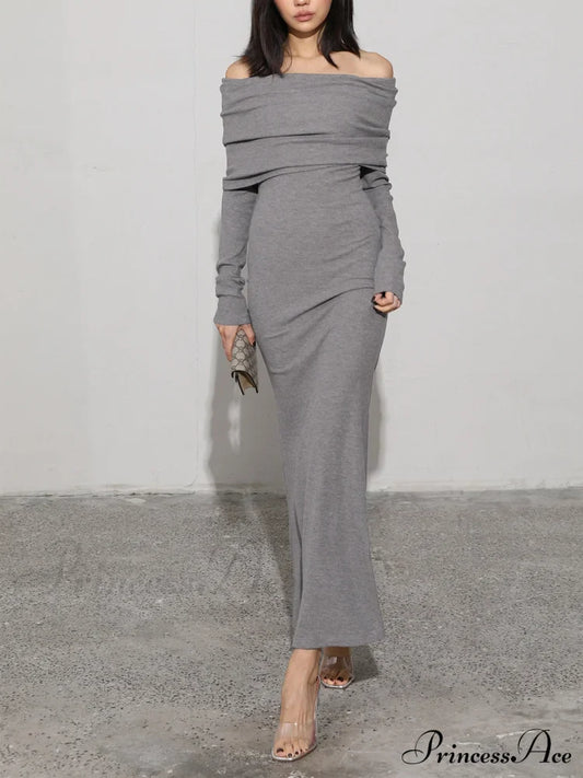 Charcoal Off Shoulder Overfold Modern Long Sleeve Long Dress