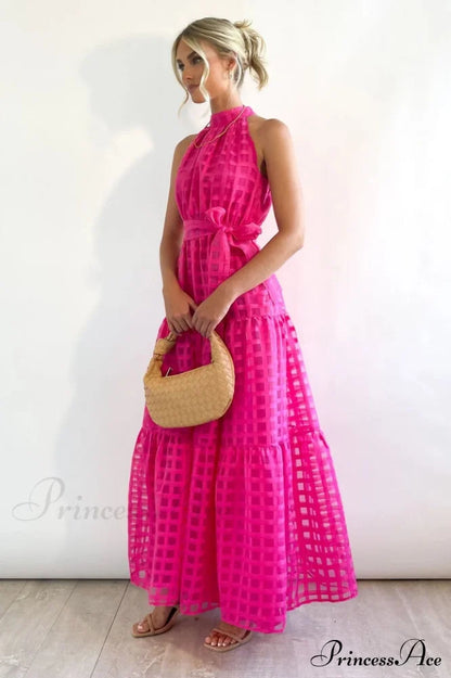Check Halter Neck Charming Tie Waist Maxi Dress