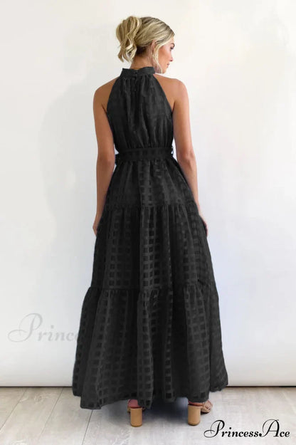 Check Halter Neck Charming Tie Waist Maxi Dress
