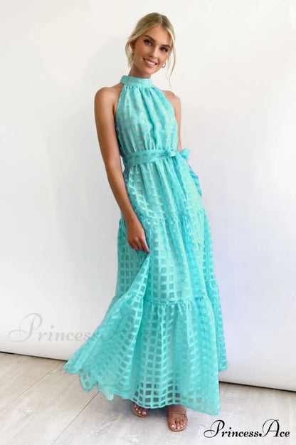 Check Halter Neck Charming Tie Waist Maxi Dress