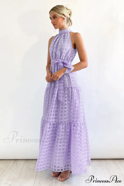 Check Halter Neck Charming Tie Waist Maxi Dress
