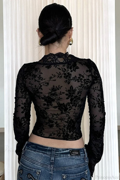 Chic Leopard Print Mesh Lace Trim Blouse