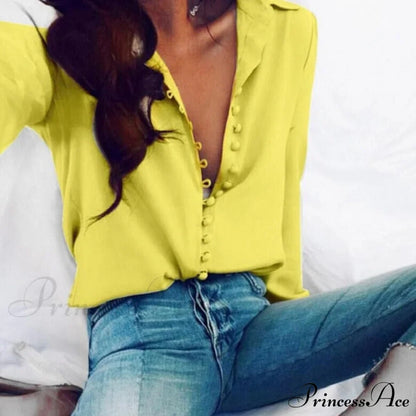 Chiffon Arm Blouse Ladies Top in Solid Casual - with Women Blouse Long Buttons Office Color Spring - White