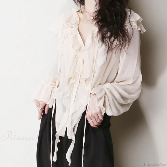 Chiffon Ruffles Bow Tie Long Sleeve Boho Blouse