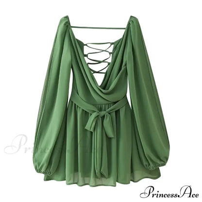 Chiffon Slit Long Sleeve Graceful Lace Up Mini Dress
