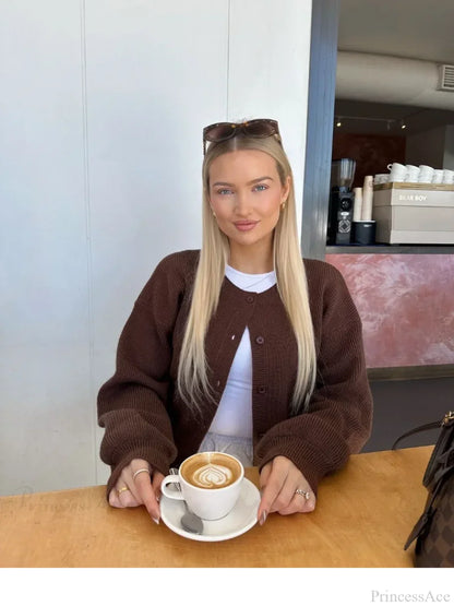 Coffee Color Round Neck Loose Cardigan