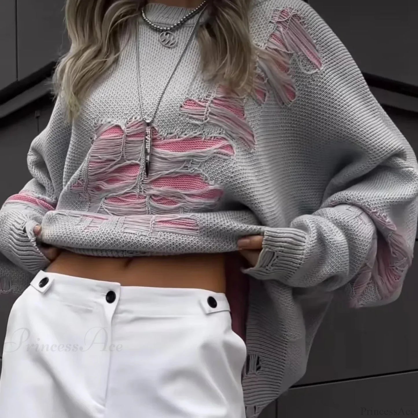 Colorblocking Torn Knit Pullover Sweater