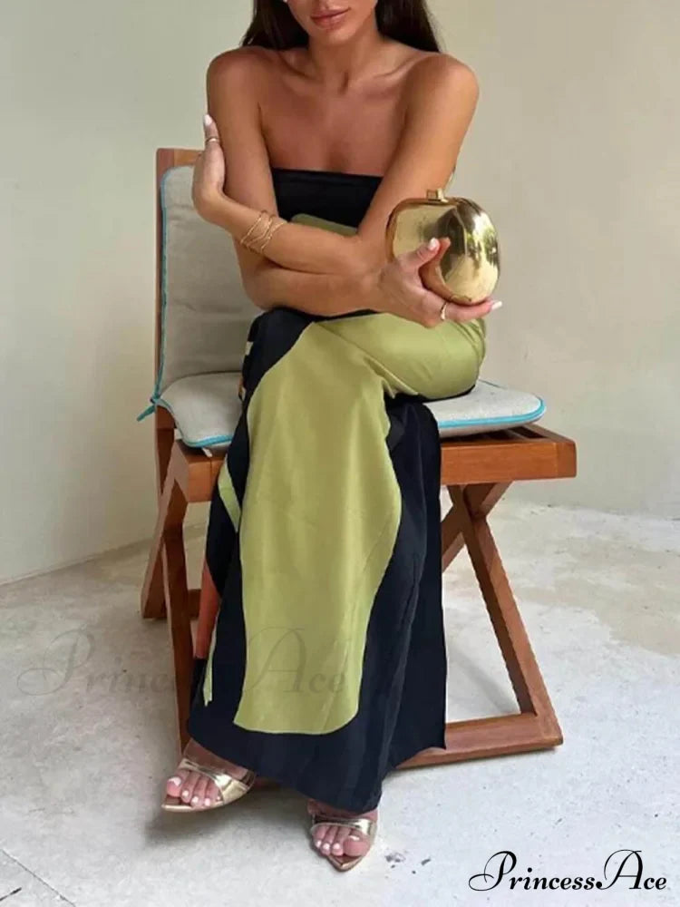 Contrast Sleeveless Off Charming Shoulder Printed Maxi Dress