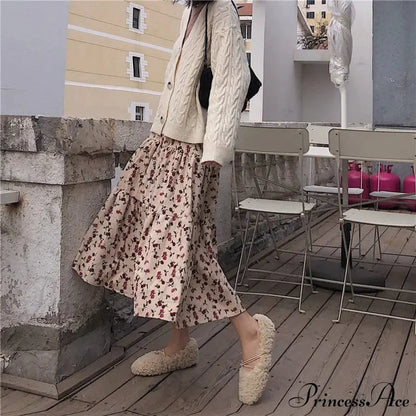Corduroy High Waist Charming Floral Print Maxi Skirt