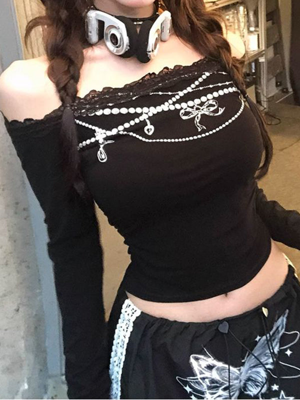 One Shoulder Lace Print Long Sleeve Tee