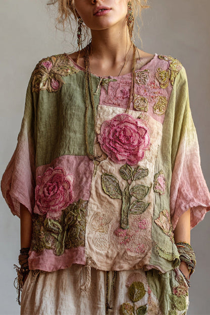 Bohemian Floral Print Round Neck Long-sleeved Loose Top