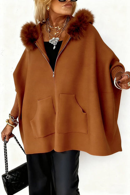 Warm Call Knit Long Sleeve Zipper Plush Hooded Pocket Loose Cardigan