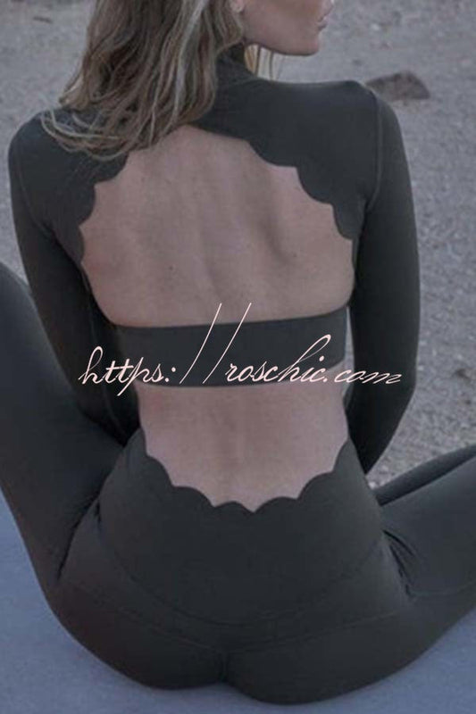 Open Back Petal Trim Long Sleeve Yoga Sports Crop Top