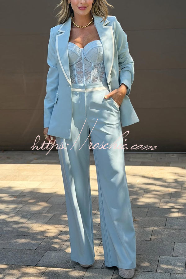 Timeless Essence Color Block Trim Elastic Waist Pocket Wide Leg Pants