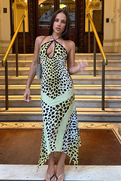 Sexy Leopard Halter Bust Cutout Back Slit Asymmetrical Maxi Dress