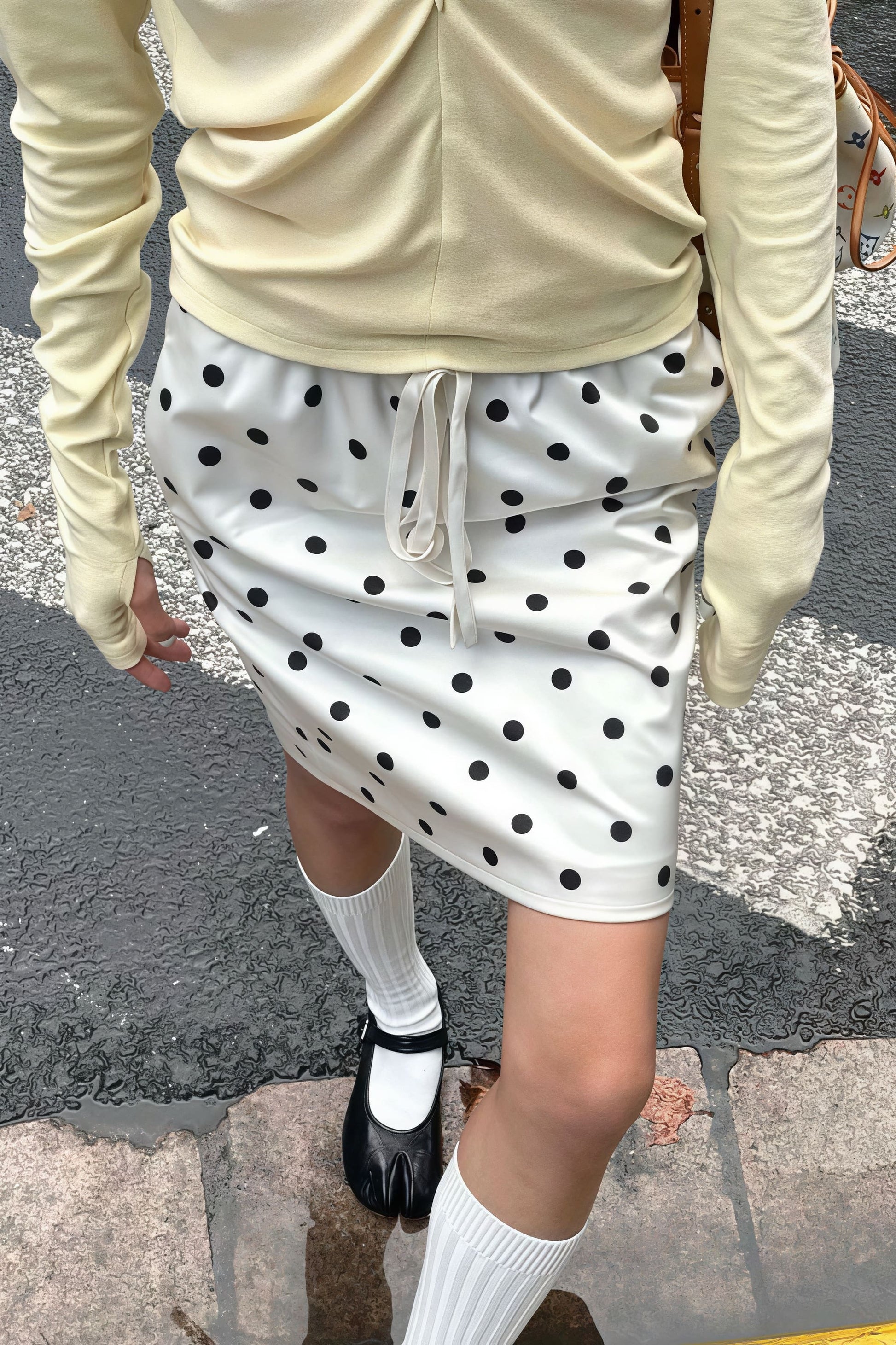 Vintage Satin Polka Dot Drawstring Midi Skirt
