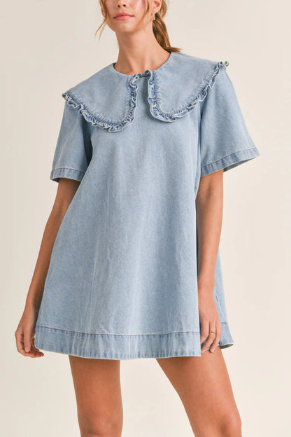 Solid Color Loose Short-sleeved Casual Ruffled Denim Mini Dress
