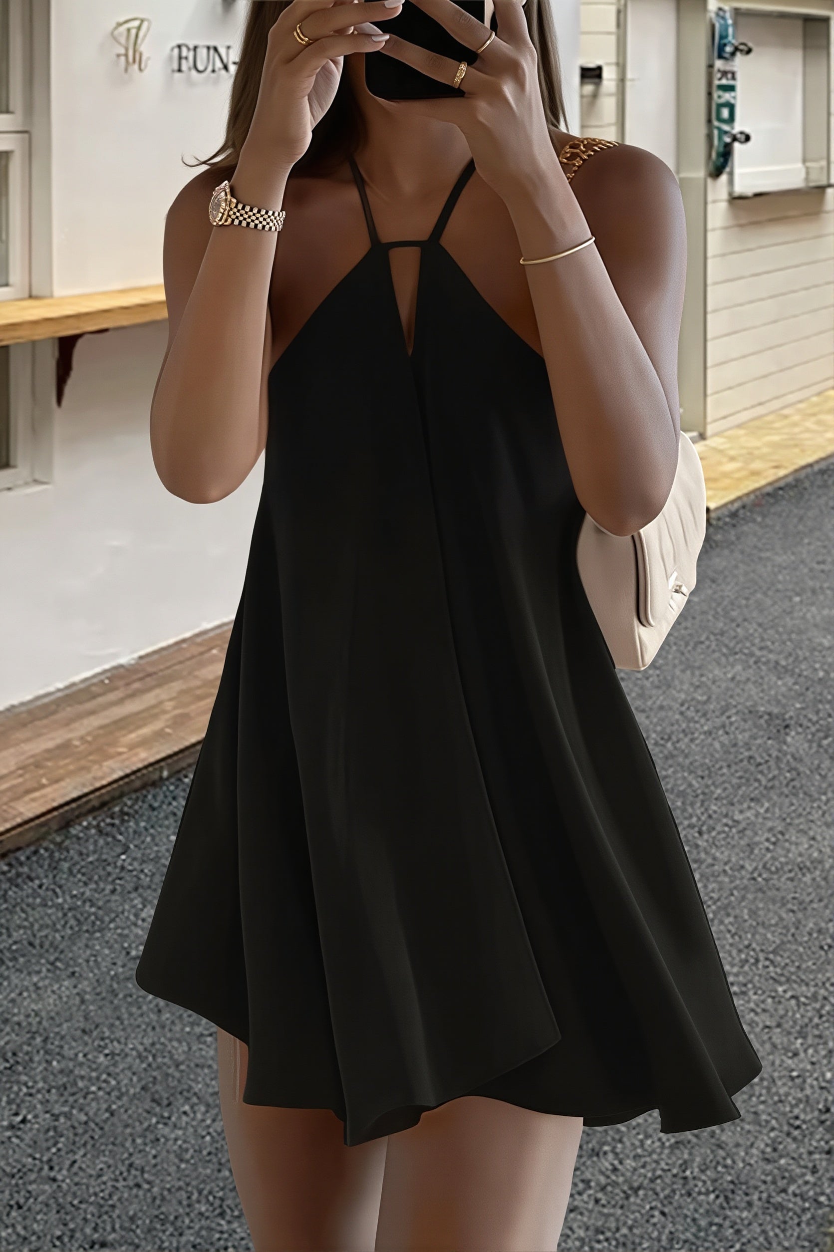 Flowy Deep V Backless Tie Loose Mini Dress