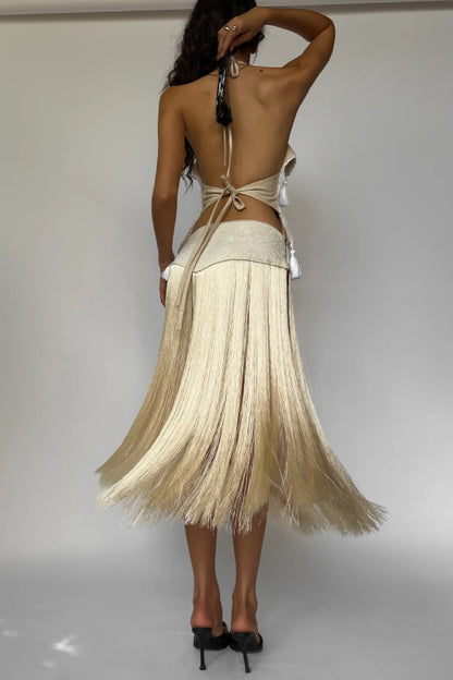 Stylish Halter Neck Lace Up Tassel Pendant Backless Top