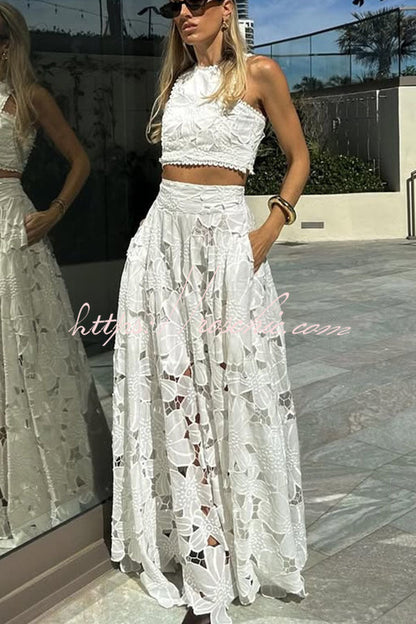 Next Trip Floral Embroidery Crochet Lace Crop Tank Top and Elastic Waist Pocket Maxi Skirt Set