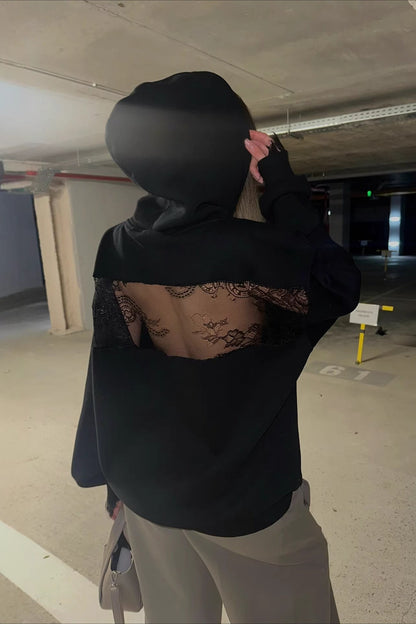 Lace Sheer Cutout Patchwork Hoodie